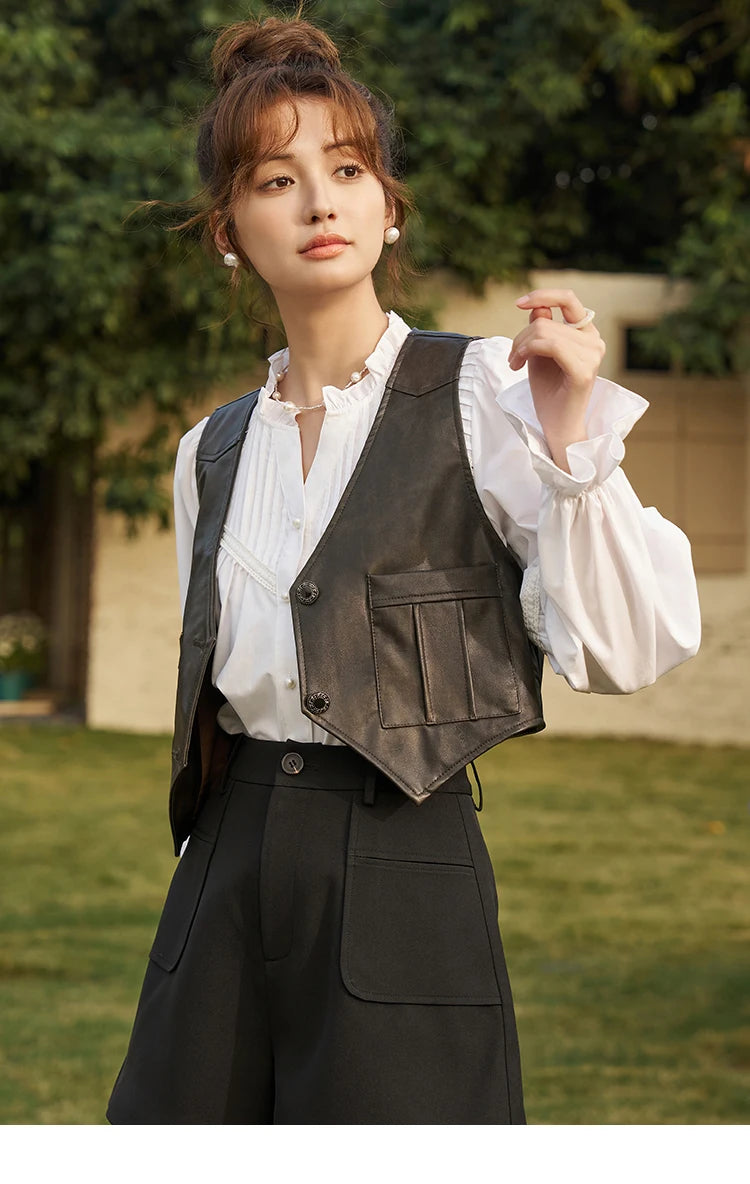 MISHOW French Pleated V-Neck Shirt Petal Patchwork Ruffle Sleeve MXD13X1354