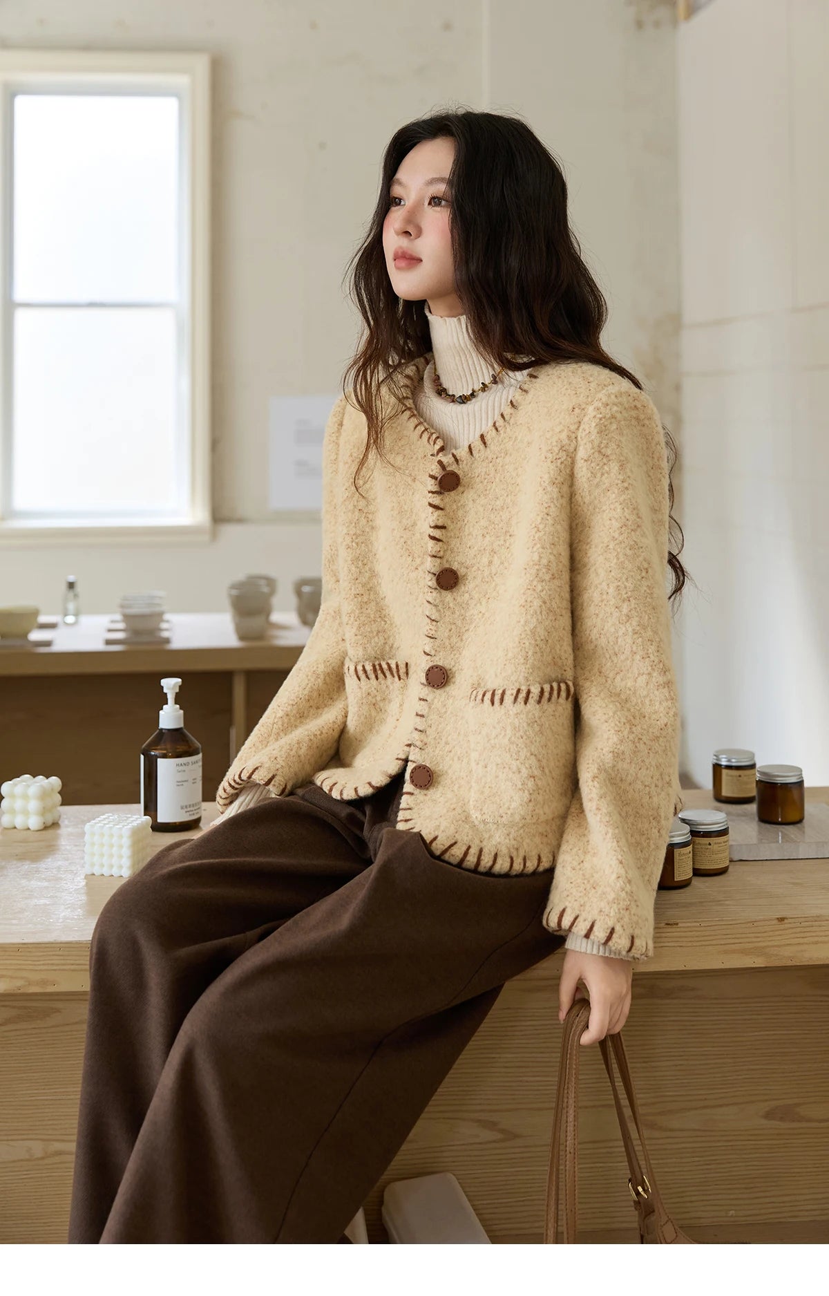 Mishow Apricot Round Neck Wool Blend Coat MXE88W0885