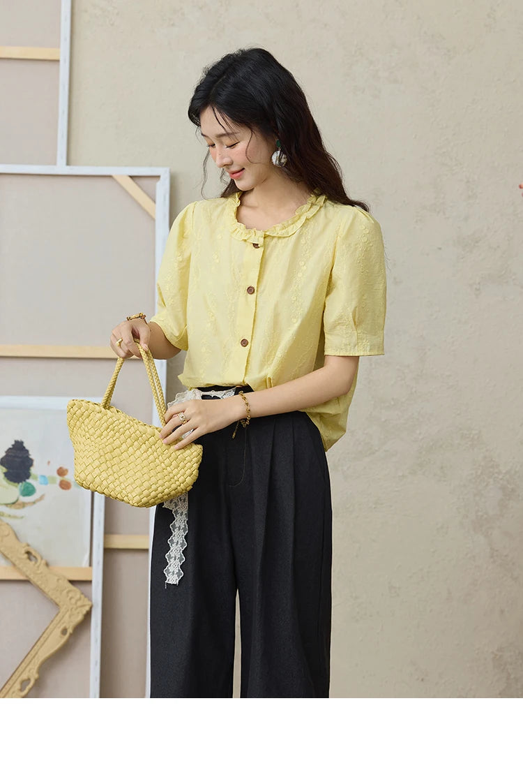 MISHOW 100% Cotton Puff Sleeve Shirt Round Neck Button MXE36X1873