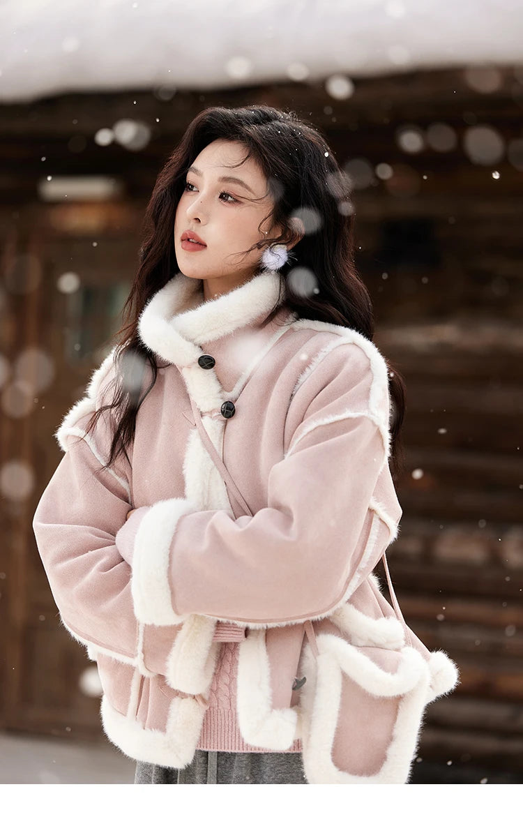 Mishow Suede Plush Fur Collar Jacket with Bag MXD57W0737
