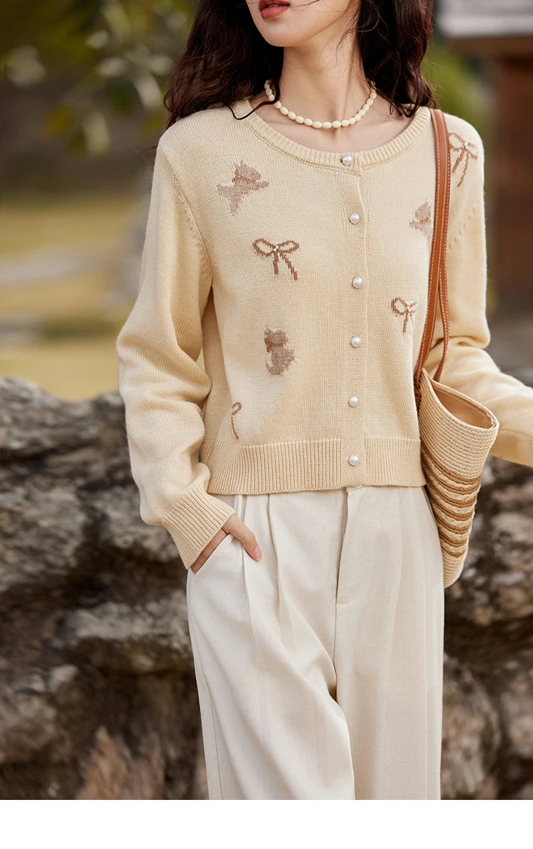 Mishow Yellow Dog Bow Jacquard Pearl Button Sweater MXE13Z1197