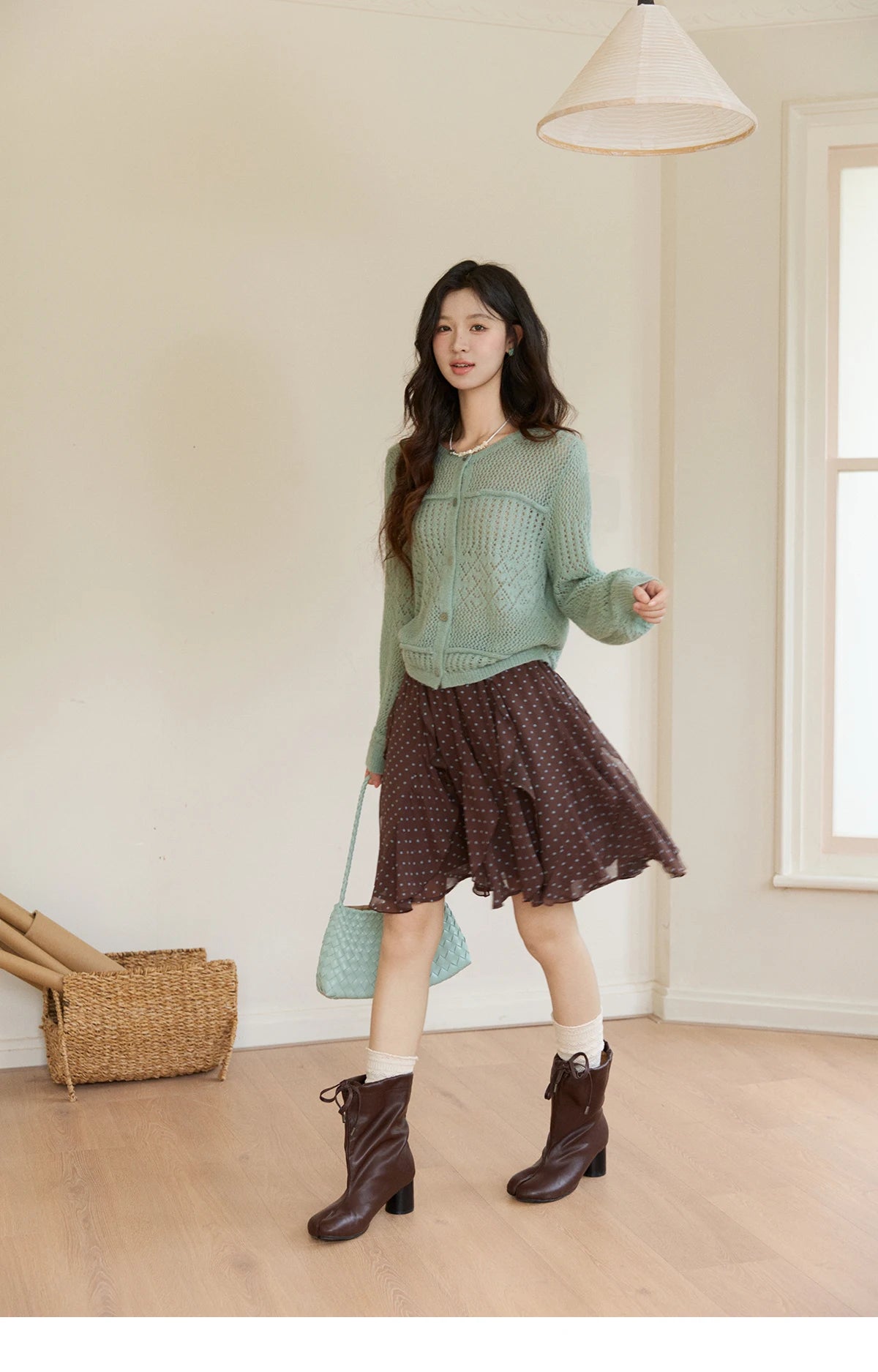 Mishow Brown Polka Dot Ruffled Chiffon Mini Skirt MXF13B2476