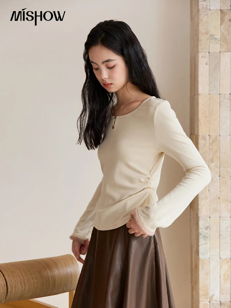 Mishow Apricot Brushed Knit Pleated Pullover MXE48Z2517