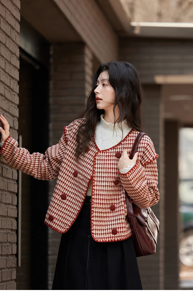 Mishow Red Plaid Double Breasted Tweed Jacket MXD56W0631