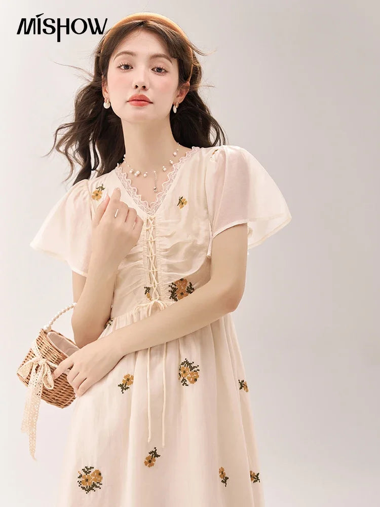 Mishow Van Gogh Sunflower Embroidered Butterfly Sleeve Dress MXC39L1524