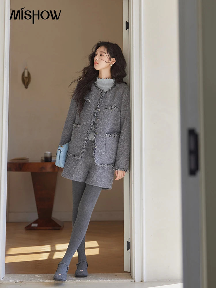 Mishow Plaid Tweed Jacket & Solid Shorts Set MXD35W0489