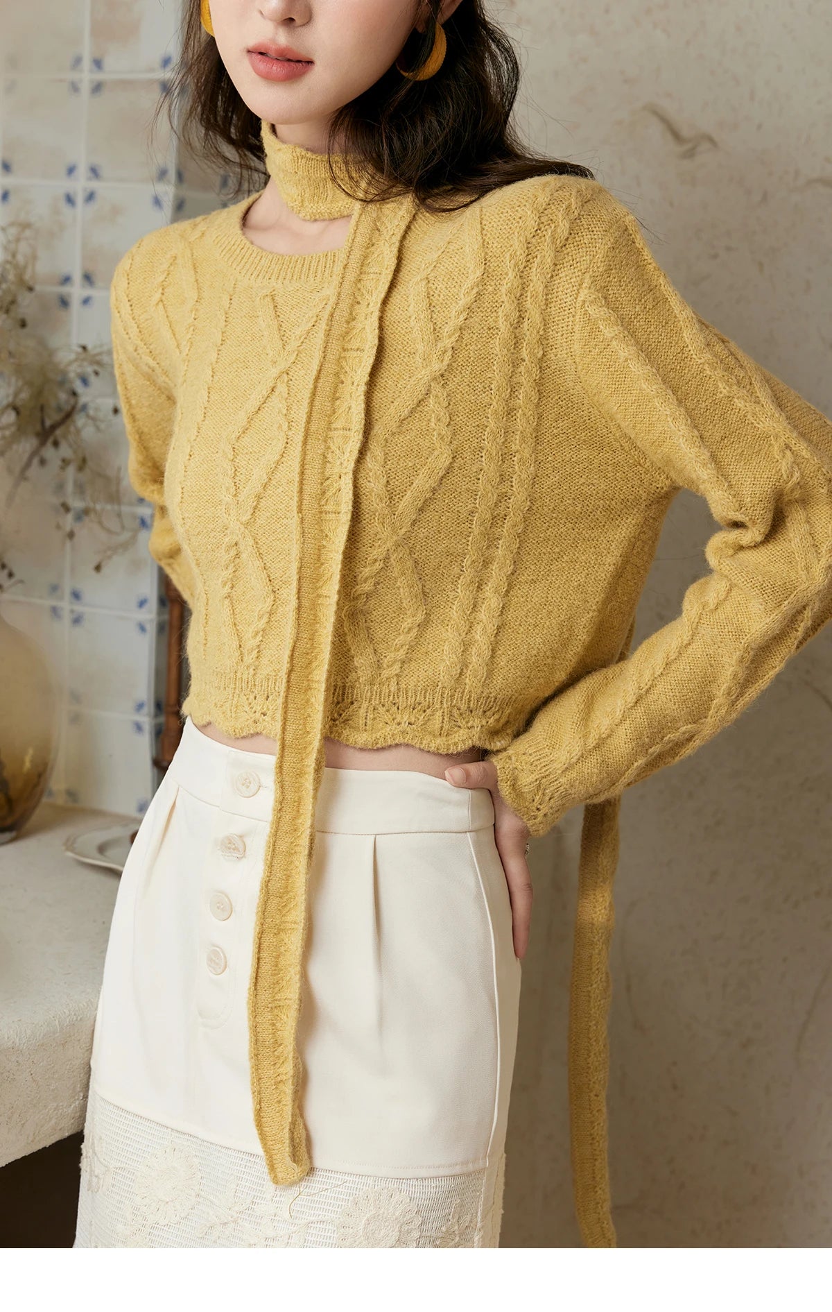 MISHOW Romantic Lace Wave Knit Sweater with Belt MPD42Z0736