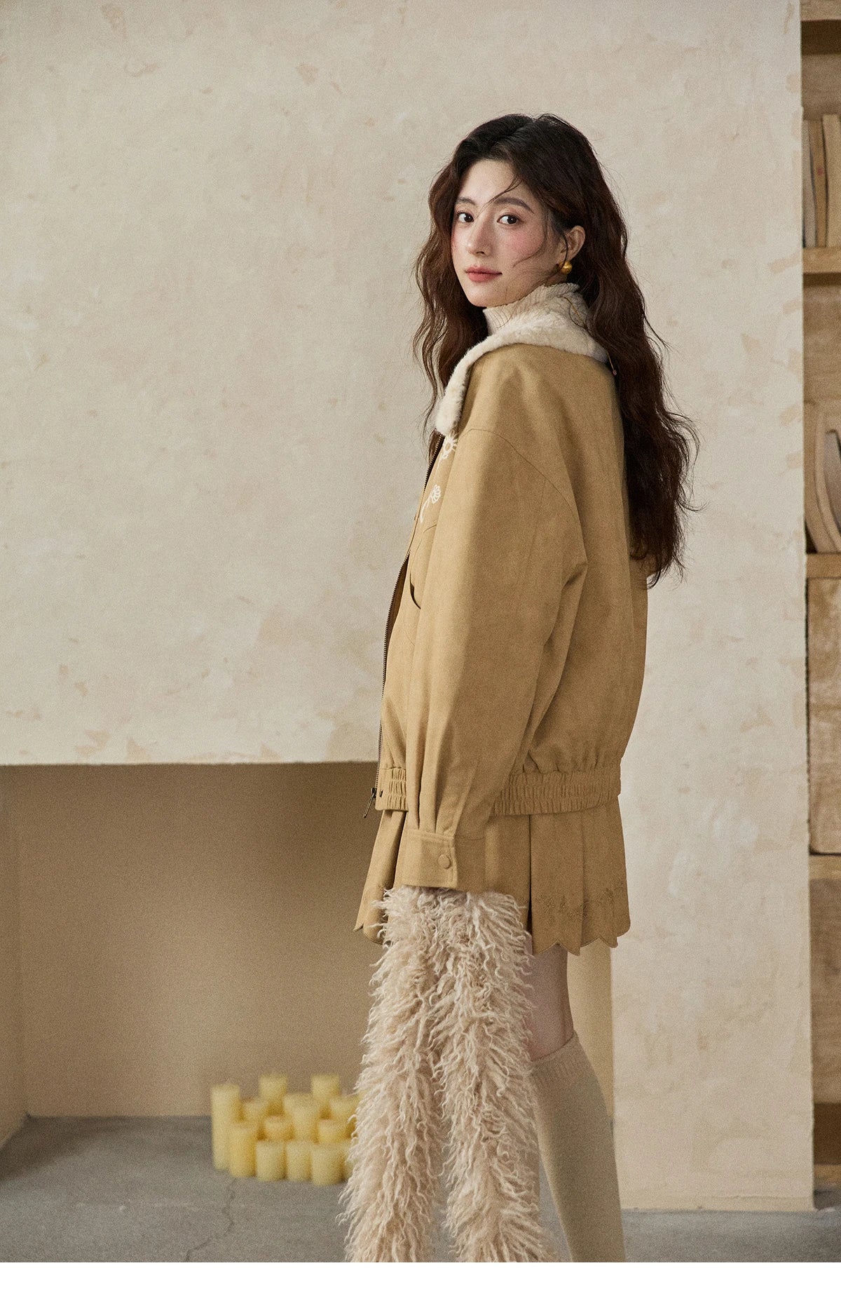Mishow French Yellow Floral Embroidered Plush Zip-Up Coat MXE87W0932