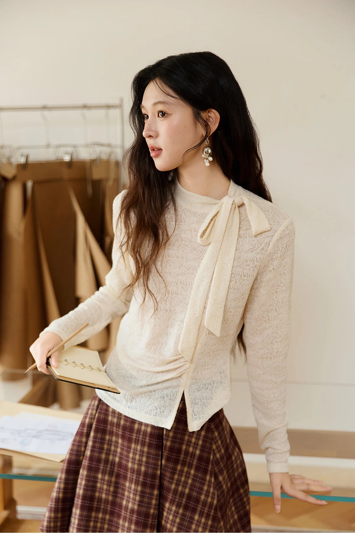 Mishow Apricot Retro Stand Neck Lace Up Bow Top MXE45Z1382