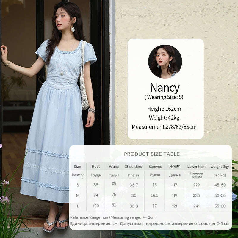 Mishow Blue Lace Mushroom Edge Puff Sleeve Dress MXE38L2348