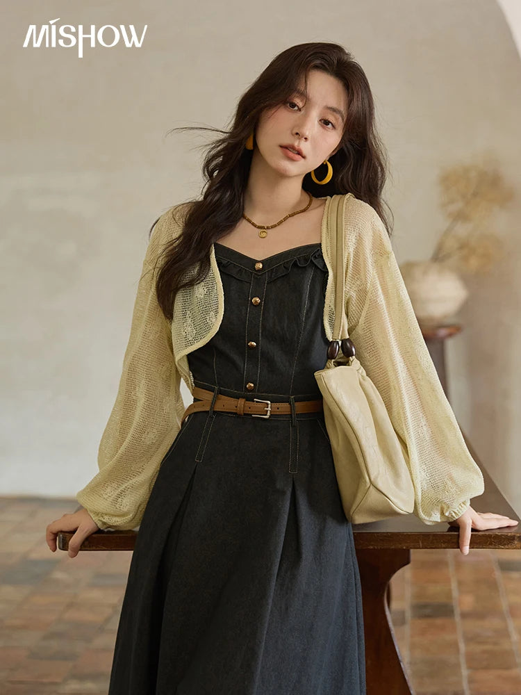 Mishow Lantern Sleeve Cardigan & Denim Strap Dress Set MXE41T0704
