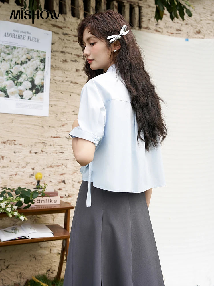 MISHOW Same Color Bow Embroidered Shirt Asymmetric Hem MXD23C0257