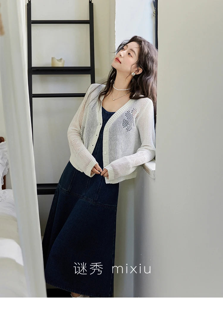 Mishow Denim Camisole Hollowed Out Lace Edge Dress MXE13L2094