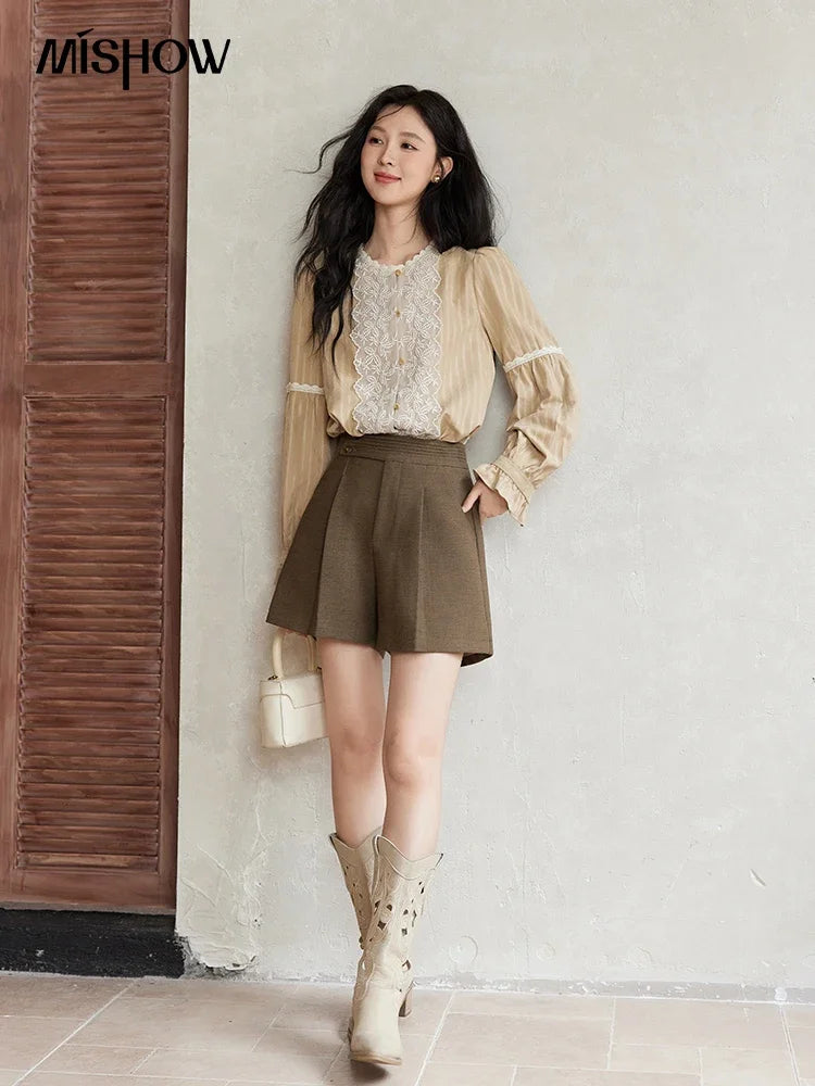MISHOW Mesh Embroidery Blouse Lace Collar Lantern Sleeve MXD47X1664