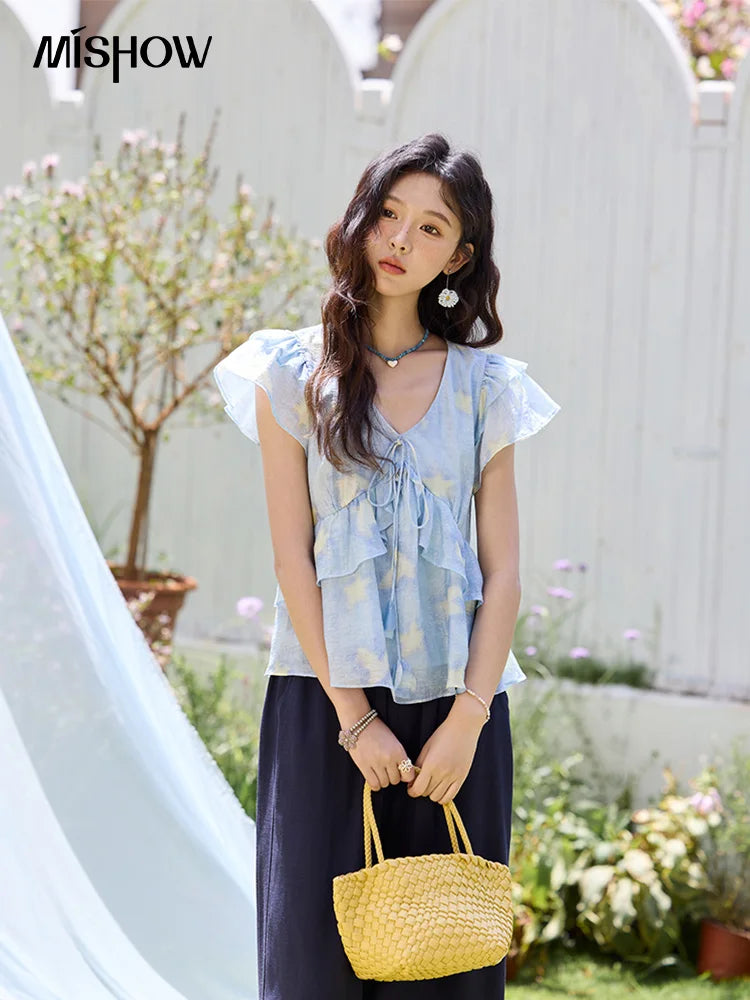 MISHOW Women's Blue Double-Layer Ruffled Linen V-Neck Blouse MXE33X1819