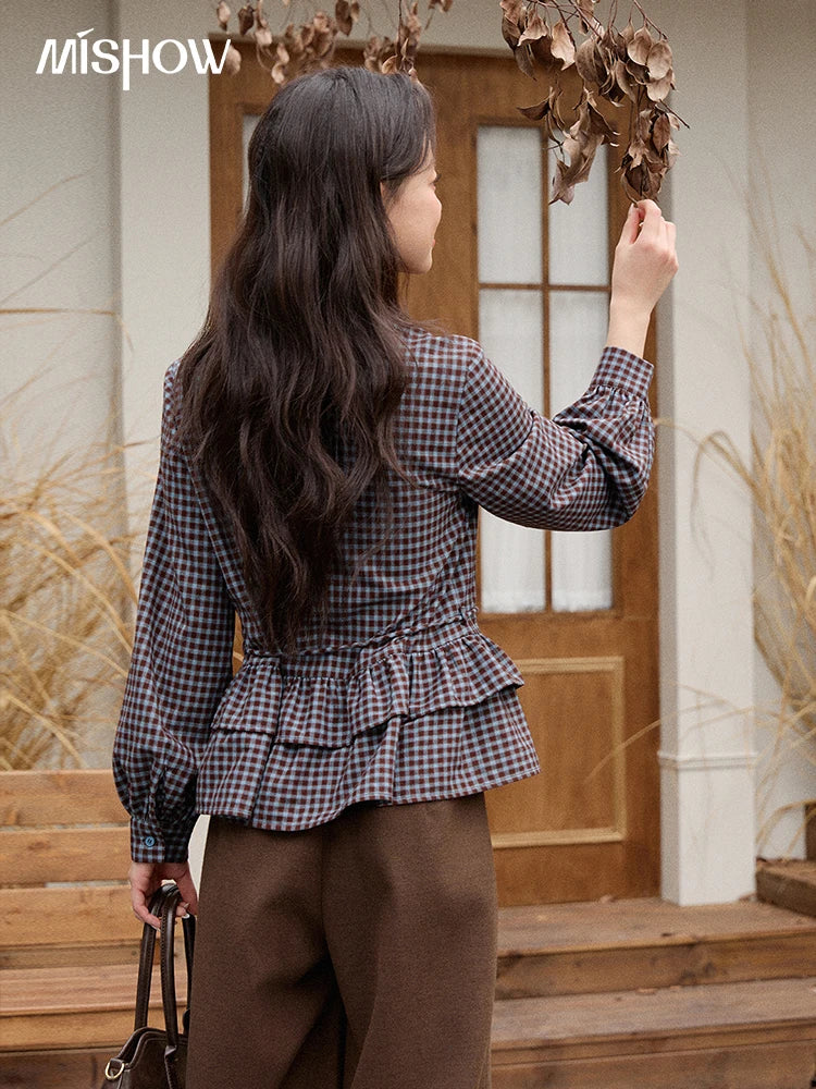 MISHOW Blue Plaid Shirt Lantern Sleeves Ruffled Hem MXE89C2420