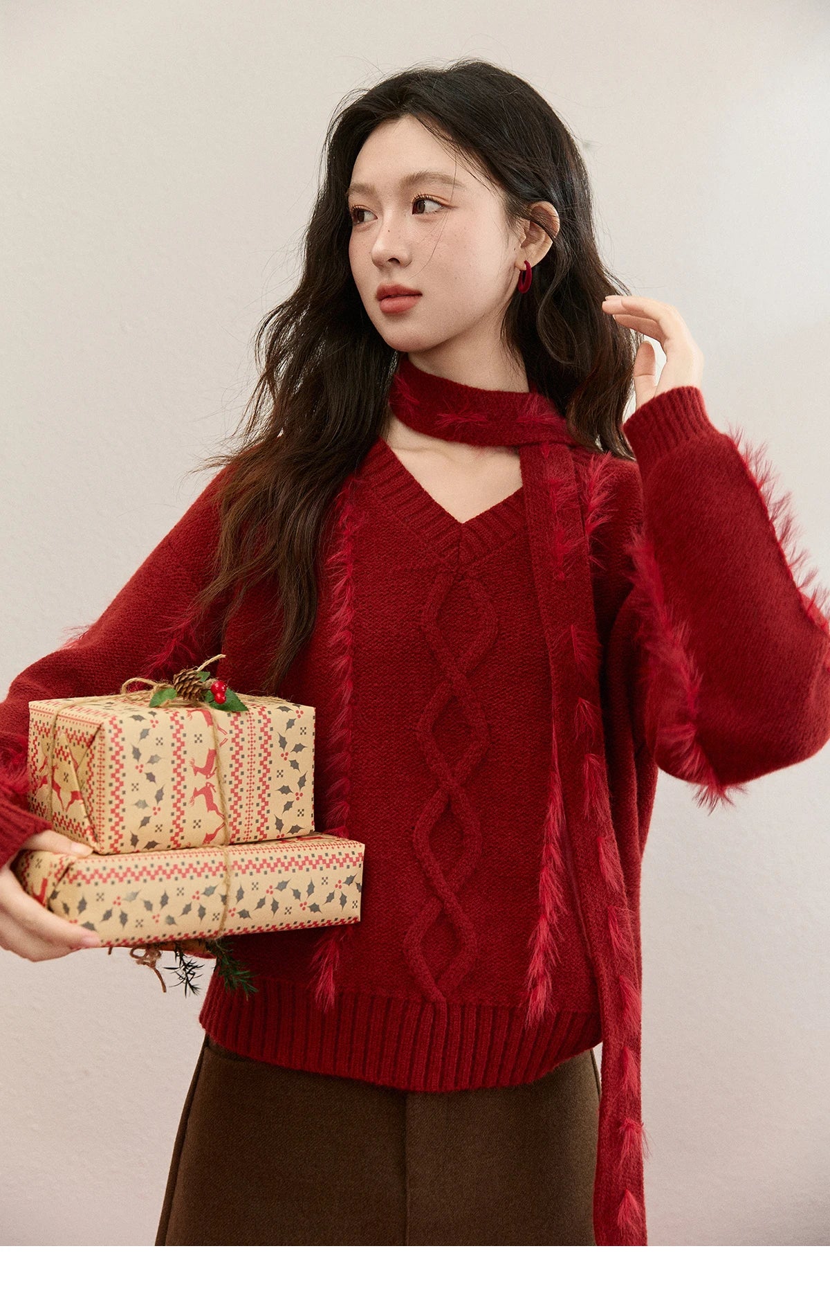Mishow Burgundy Christmas Mink Fur Tassel Sweater MXE93Z2809