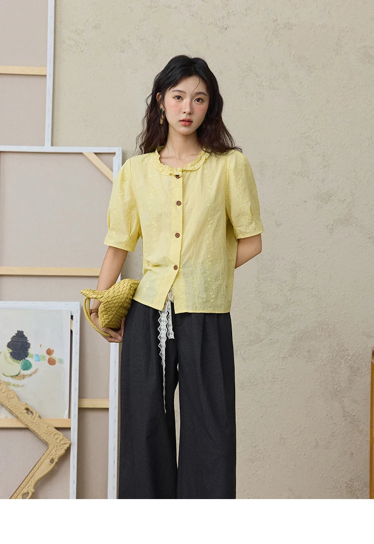MISHOW 100% Cotton Puff Sleeve Shirt Round Neck Button MXE36X1873