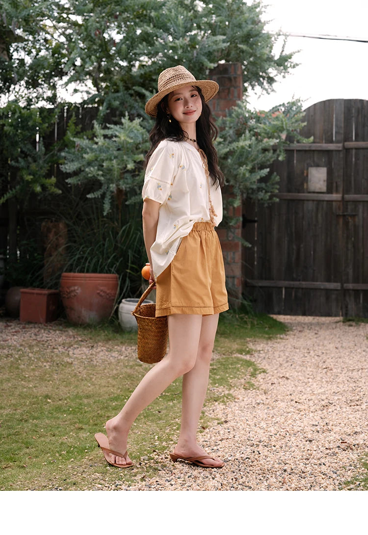 Mishow Puff Sleeve Lace-Up Top & Elastic Waist Shorts Set MXE38T0684