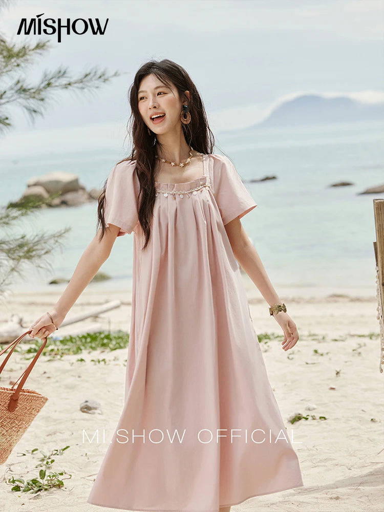 Mishow Bohemian Pink Square Collar Belt Dress MXE33L2158