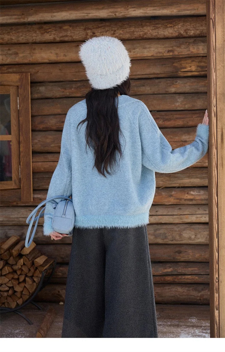 Mishow Blue Polo Collar Cable Faux Mink Pullover MXE88Z2756