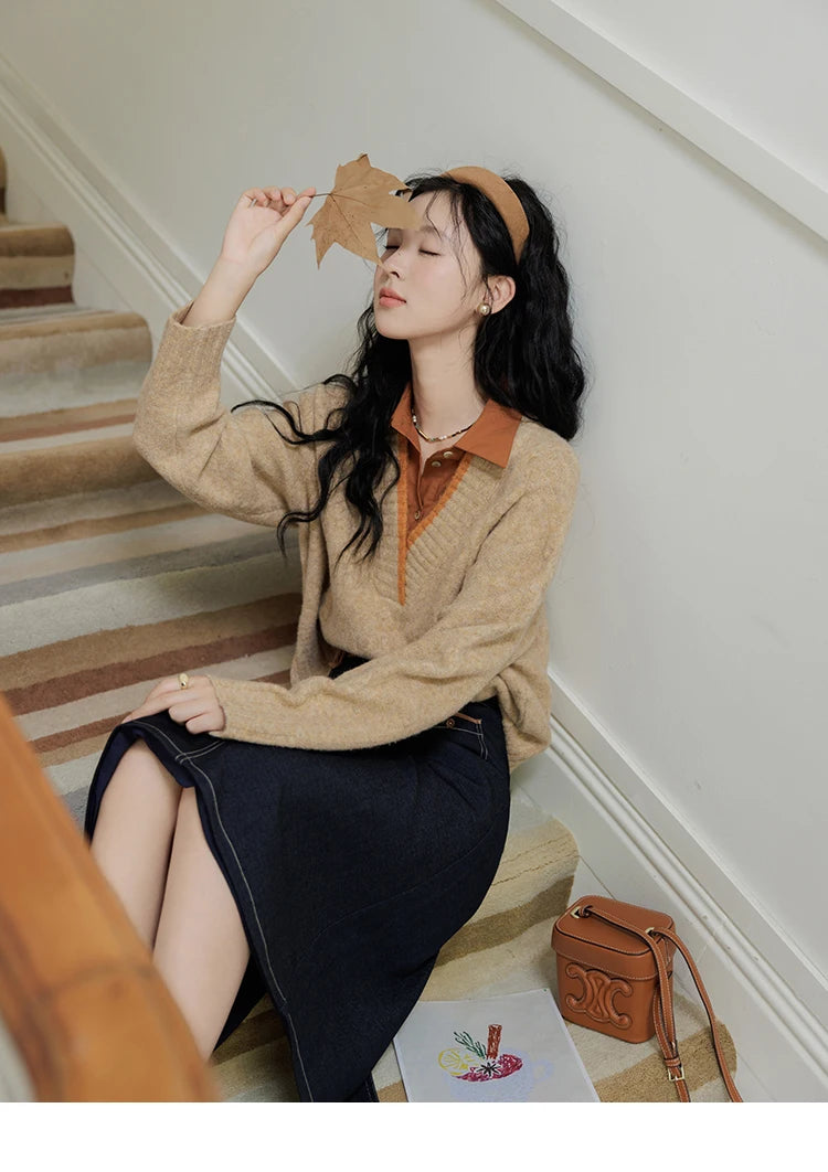 Mishow Vintage False Two-Piece V-Neck Knit Top MXD42Z0695