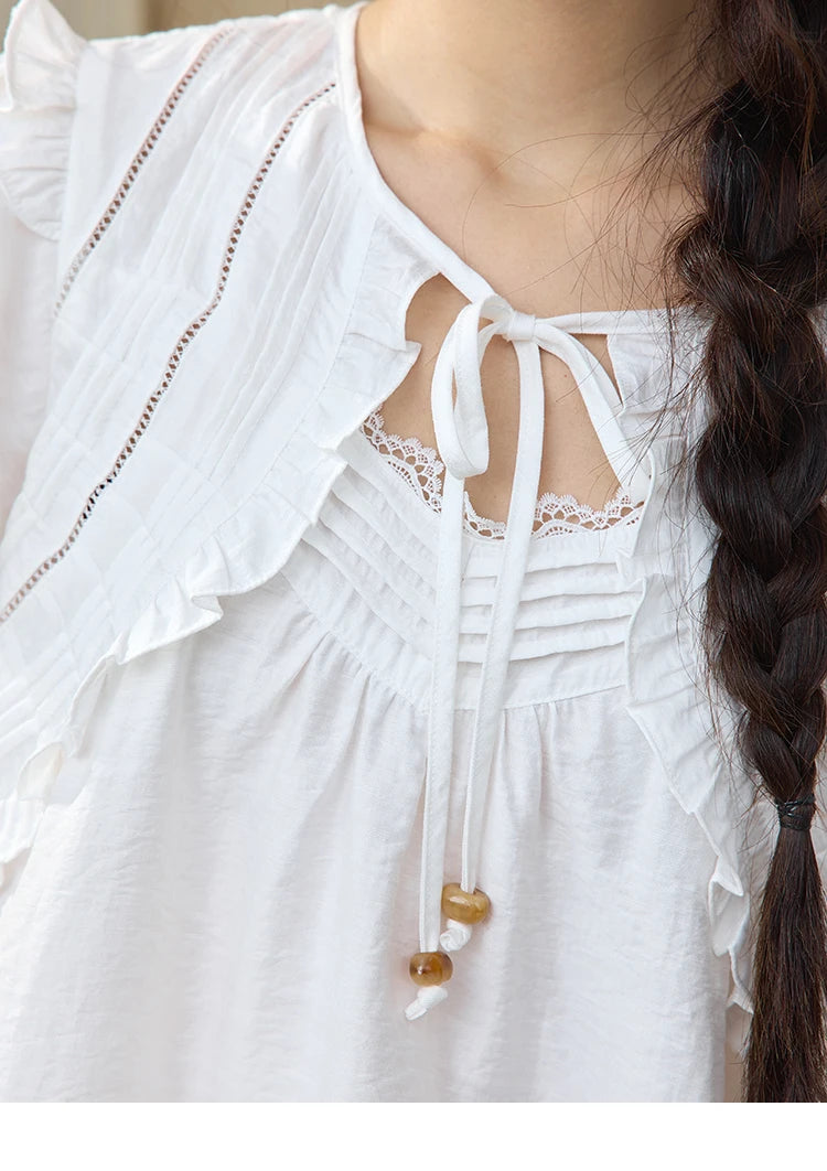 MISHOW White Lace Up Blouse Butterfly Sleeve Hollow Lace MXE34X1784