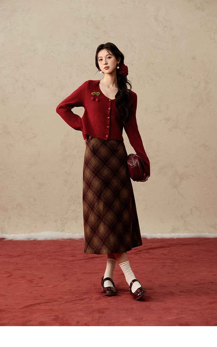 Mishow Red Cherry Ornament Slim V-Neck Cardigan MXD112Z1006