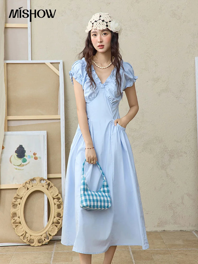 Mishow V-Neck Puff Sleeve Office Midi Dress MXD29L1934