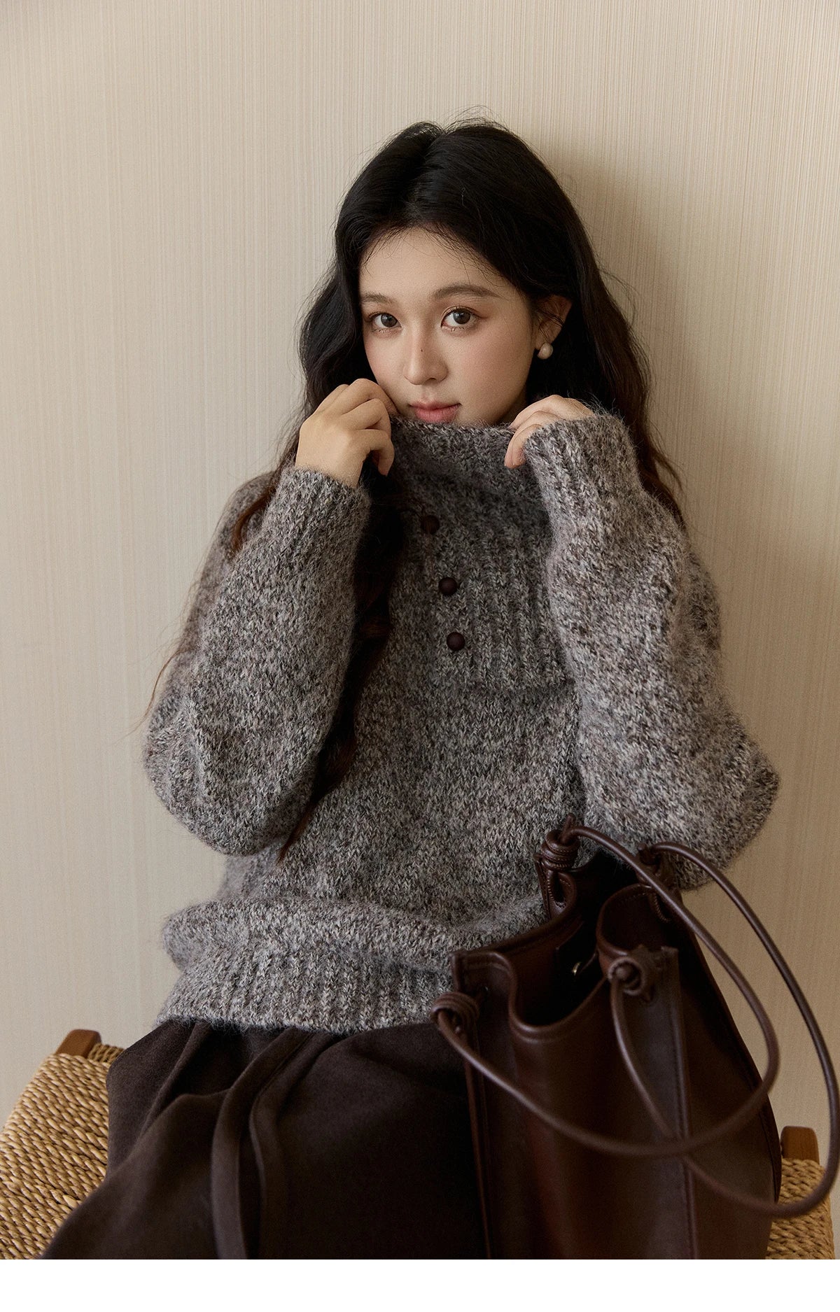 Mishow Gray Textured Button Sweater with Neckwear Scarf MXE94Z2978
