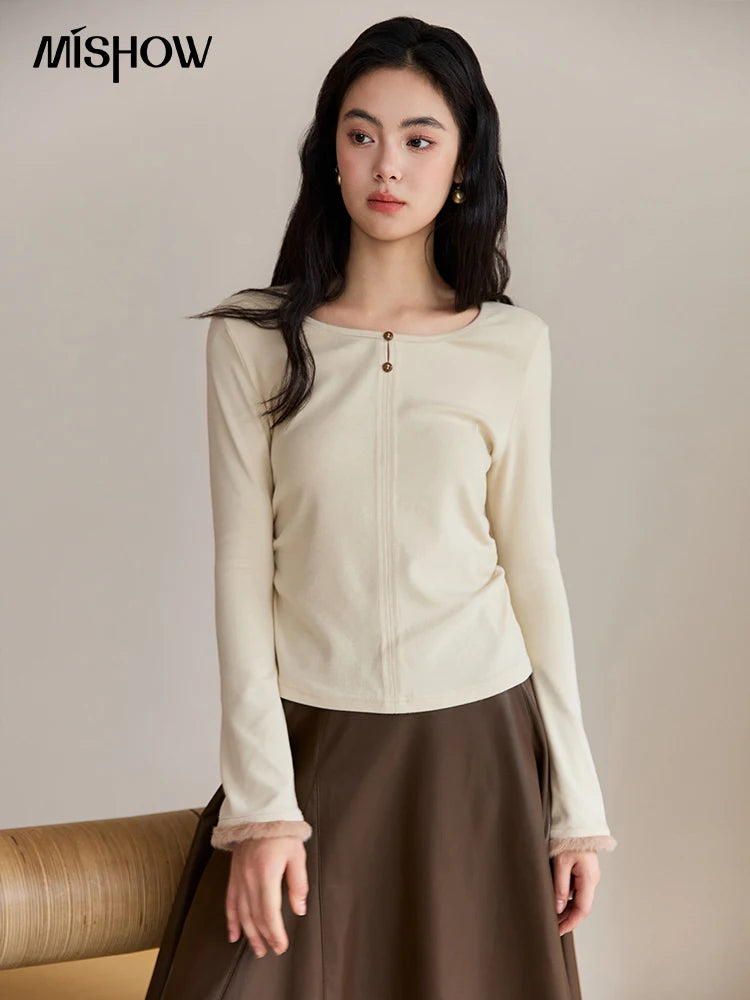 Mishow Apricot Brushed Knit Pleated Pullover MXE48Z2517