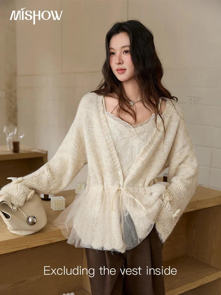 Mishow Apricot Mesh Flower Drawstring Cardigan MXE88Z2707