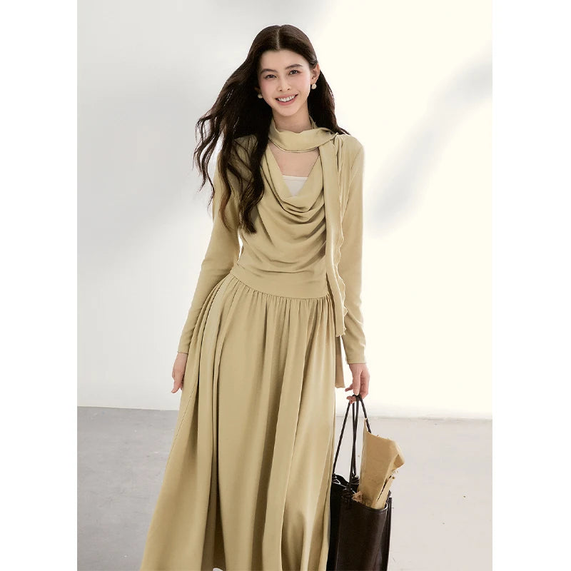 Mishow Khaki Swinging Collar Scarf Waist Dress MXF11L2552