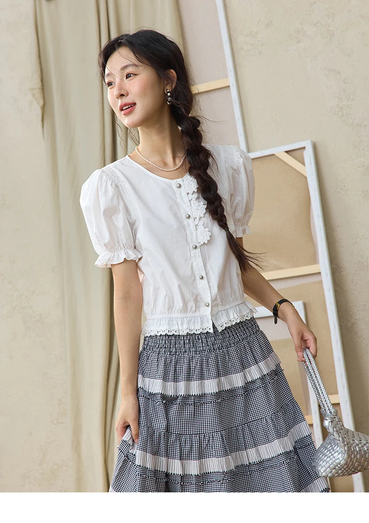 MISHOW Lace Puff Sleeve Shirt Flower Buttons Hem Elastic MXE34X1820