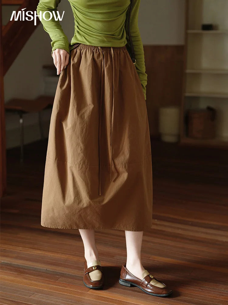 MISHOW Brown Cotton Bud Skirt Elastic Drawstring High Waist Pocket MXE41B2367