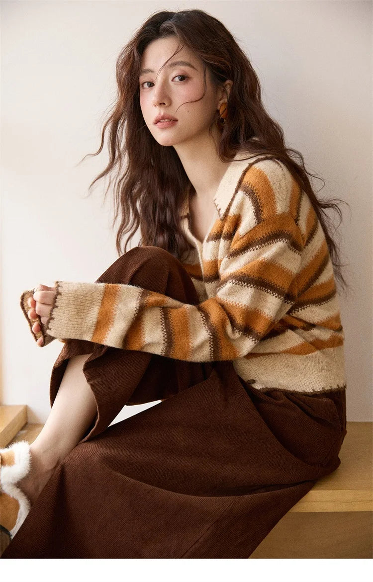 Mishow Retro Striped V-Neck Wool Cardigan MXE87Z2681