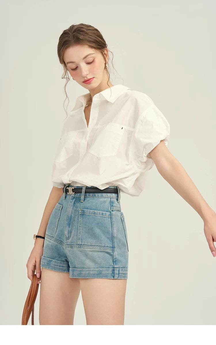 Mishow Denim Blue High Waist Straight Shorts MPD26K0618