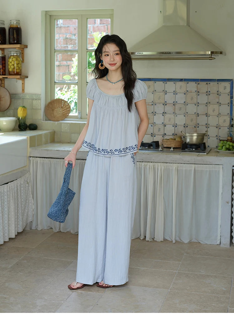 Mishow Embroidery Flower Round Neck Blouse & Pocket Wide Leg Pants Set MXE39T0669