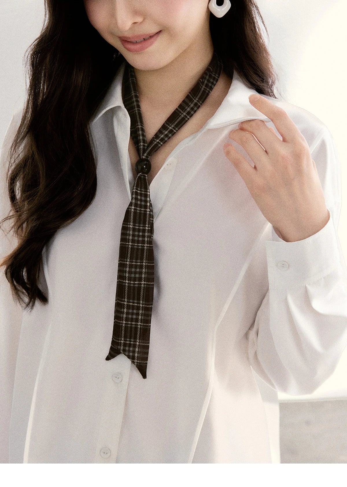MISHOW Casual Loose Shirt with Plaid Scarf Lapel Top MXF108C0815