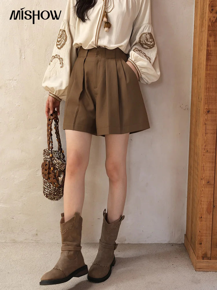 Mishow Brown High Waist I-Shaped Pleated Hook Buckle Shorts MXE41K1022