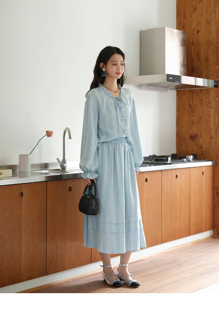 Mishow Light Blue Linen V-Neck Lace-Up Shirt & Elastic Skirt Set MXE41T0700