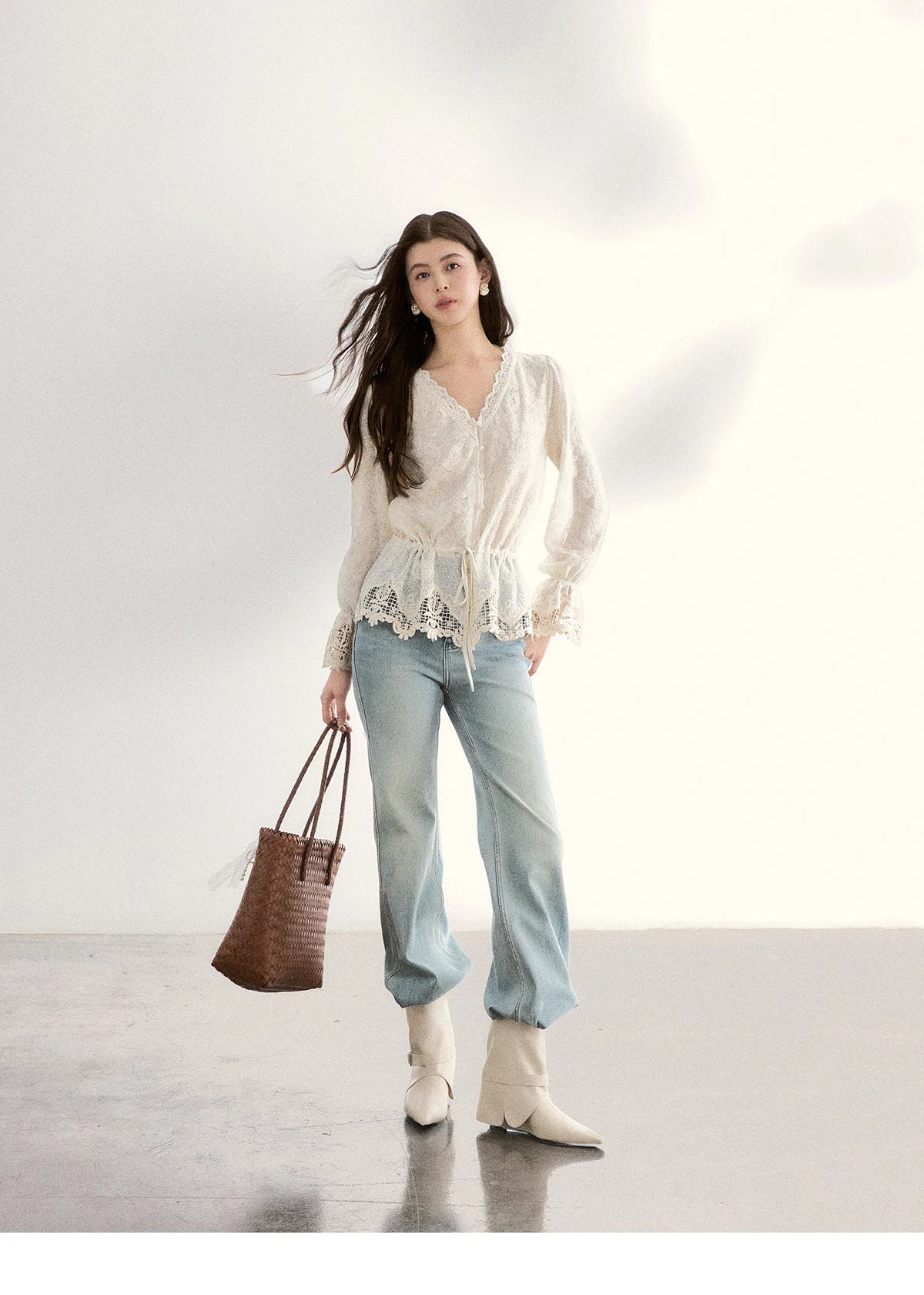 MISHOW Lace V-Neck Blouse Drawstring Waist Ruffled Hem MXF108X0998