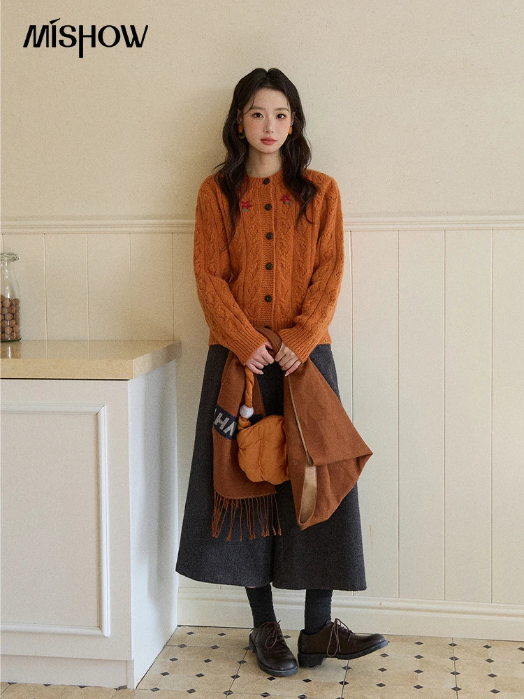 Mishow Orange Cable Knit Floral Embroidery Cardigan MXE86Z2737