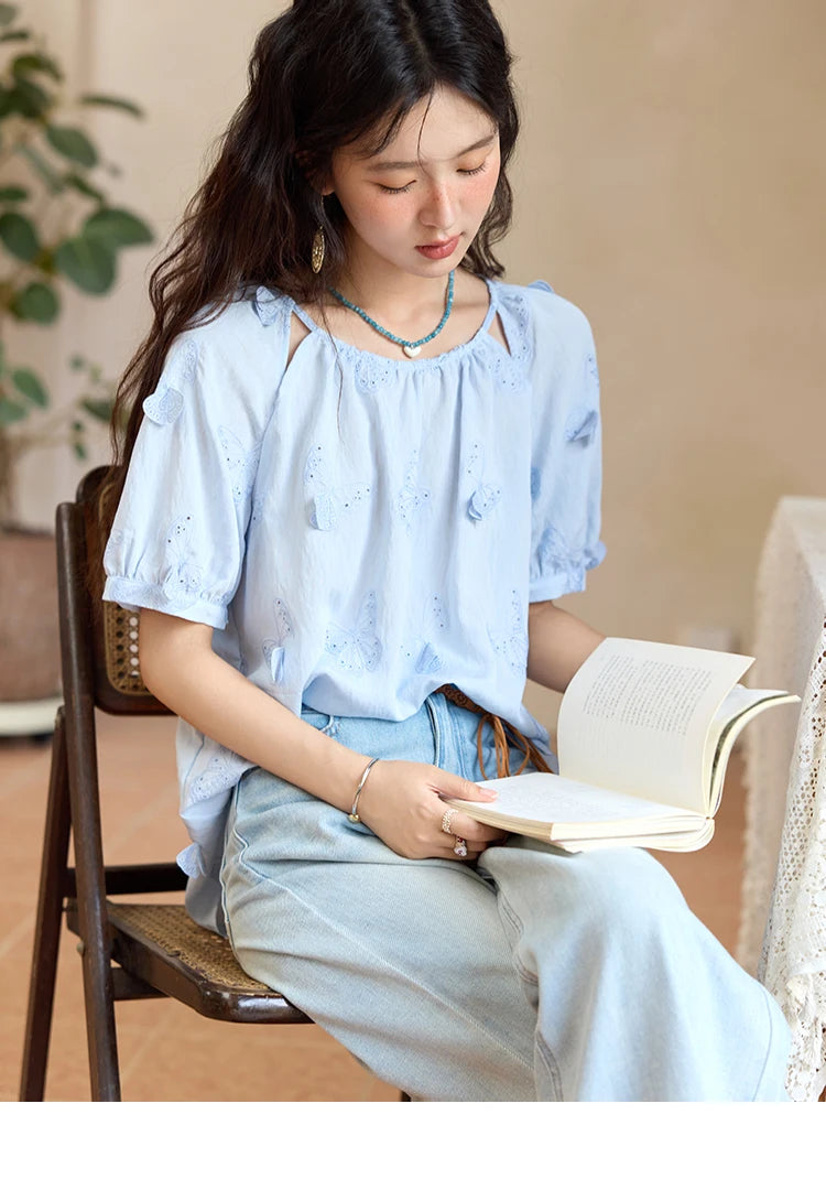MISHOW Butterfly Embroidery Blouse Hollow Out O-Neck MXE36X1878