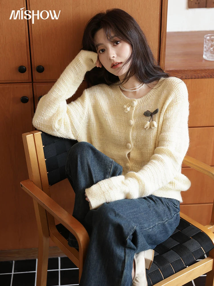 Mishow Camellia Brooch Round Neck Cardigan MXE44Z1390