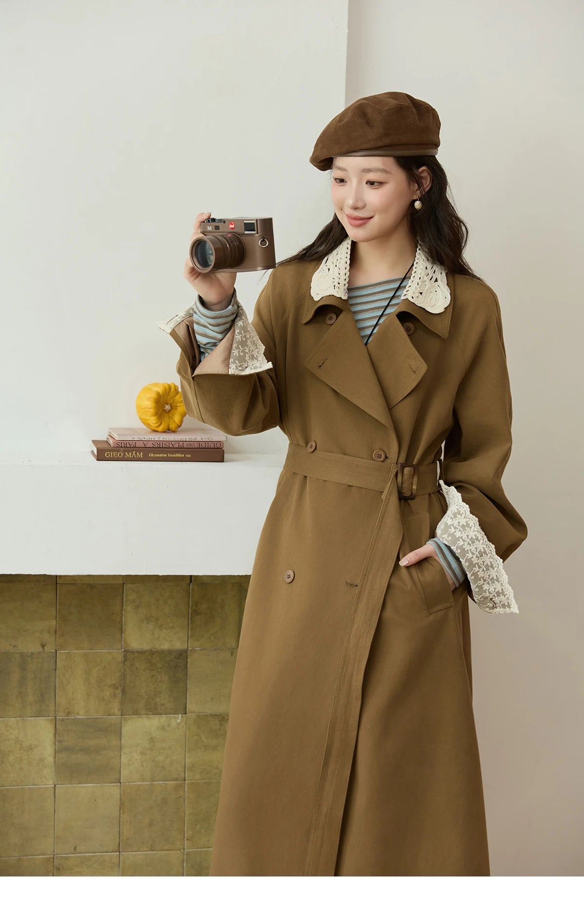 Mishow Light Khaki Lace Long Trench Coat MXE45W0830