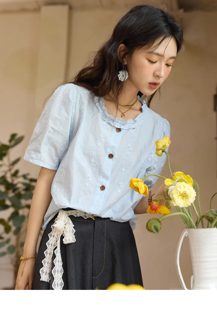 MISHOW 100% Cotton Puff Sleeve Shirt Round Neck Button MXE36X1873