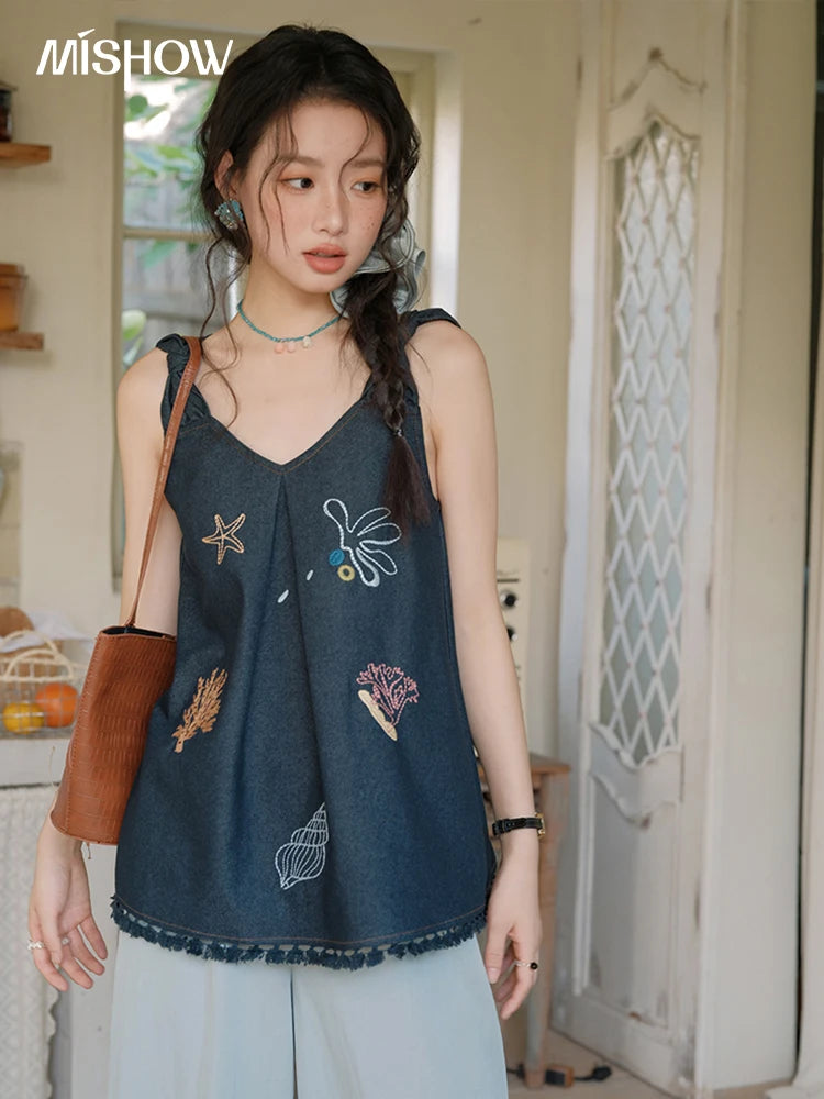 Mishow Embroidery Lace Tassel Denim Vest MXE37X1860