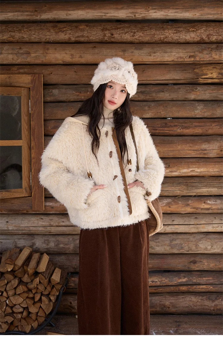 MISHOW Beige Knitted Hooded Plush Coat Warm Windproof MXE86W0908