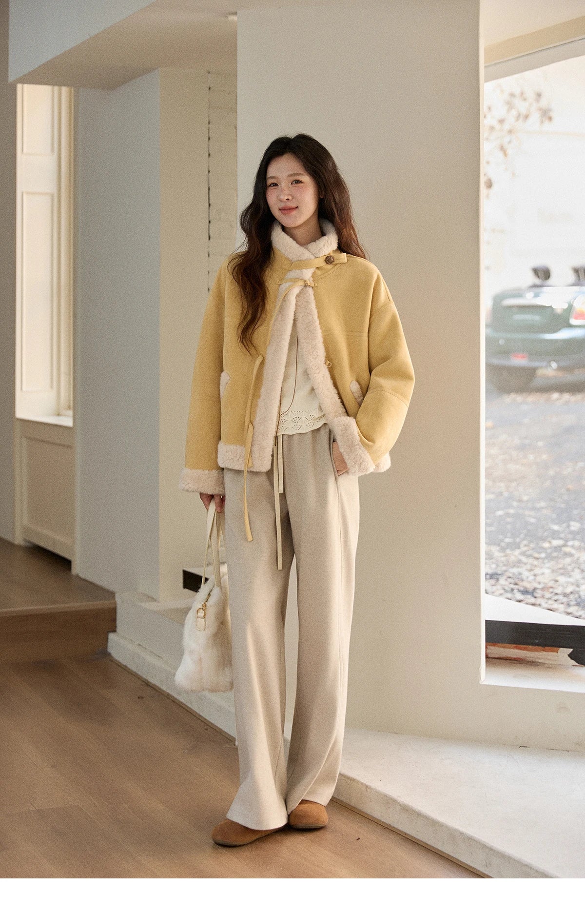 MISHOW Yellow Suede Fur Collar Short Coat Single-Breasted MXE89W0897